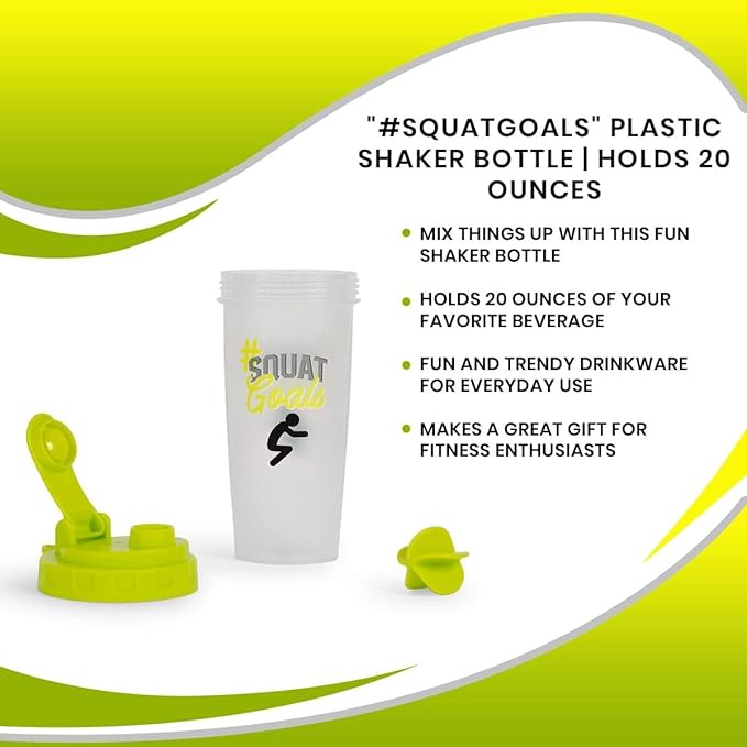 Toynk #SquatGoals Plastic Shaker Bottle | 20-Ounce BPA-Free Drink Mixer for Protein Shakes and Smoothies | Portable Blender Bottle with Blending Ball | Fitness Drinkware for Gym, Travel, and Workouts