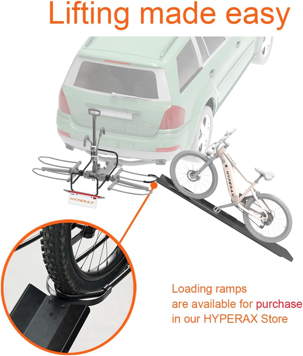 HYPERAX Volt 2 - E Bike Hitch Mounted Platform Style 2 Bikes Carrier for Car, SUV, Trucks, Sedan, Tilting e-Bike Rack for Hitch Fits Up to 2 X 70 lbs Bike with Up to 5" TIRE - NO RV USE!