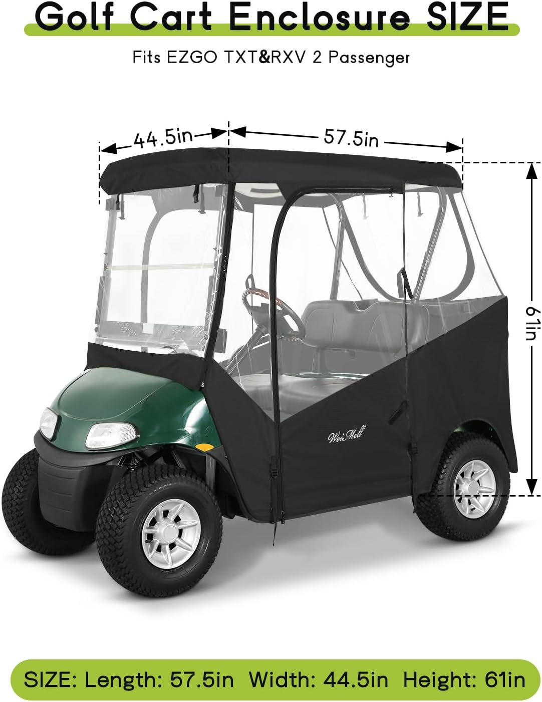Golf Cart Enclosure 2 Passenger for EZGO TXT & RXV 2-Person Seaters Waterproof Transparent Driving Rain Enclosure Cover with 4-Sided Clear Windows Mirror Zipper Roll-Up Door Black