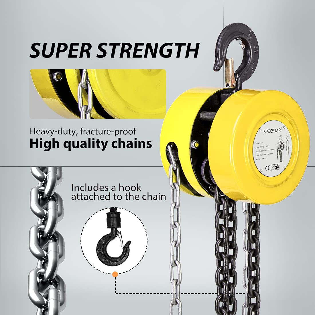 SPECSTAR Hand Chain Hoist 1 Ton 2200 Lbs Capacity 10 Feet with 2 Heavy Duty Hooks, Manual Chain Fall for Warehouse Building Automotive Machinery Yellow