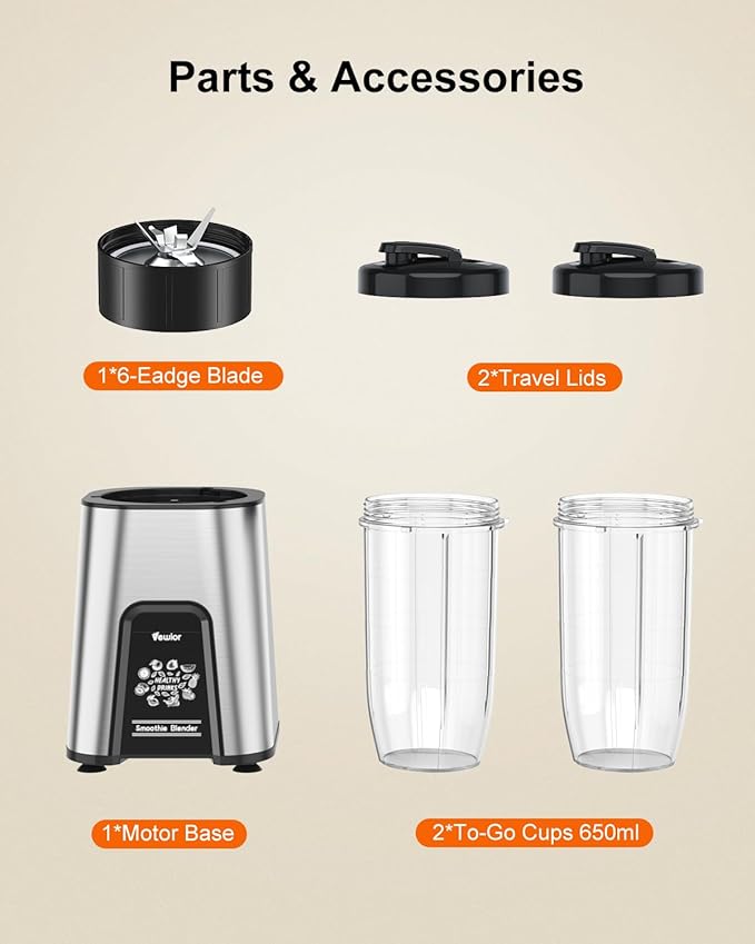 VEWIOR Smoothie Blender, 900W Personal Blender for Shakes and Smoothies, Blenders for Kitchen, Smoothie Juice Mixer with 2 * 22Oz BPA-Free To-Go Cups