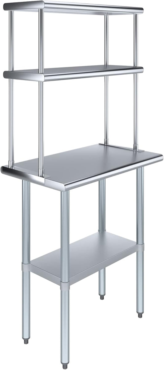 AmGood Stainless Steel Work Table Double Tier Overshelf | 18" x 30" Work Table + 12" Overshelf