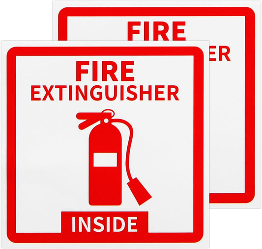Madrigal Fire Extinguisher Inside Sticker Sign,2Pack 3x3" Self-Adhesive Vinyl, Weatherproof & UV Protected for Cars, Trailers, Rv's, Trucks and Vehicles, Red on White