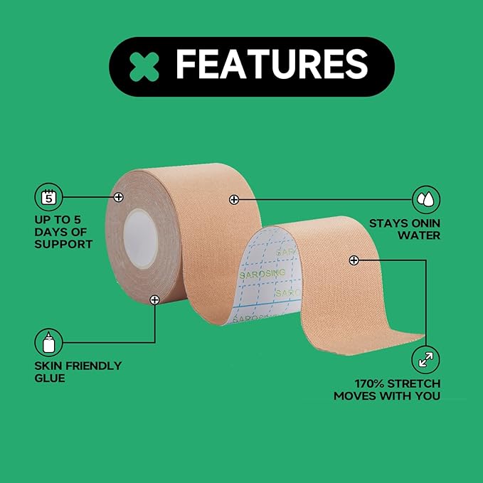 Kinesiology Tape for Knees | Sports Tape,Kinetic Tape, Elastic Athletic Tape for Protecting Knees, Shoulders | Waterproof Physio Tape and Hypoallergenic| 2" x 16 ft (Green)