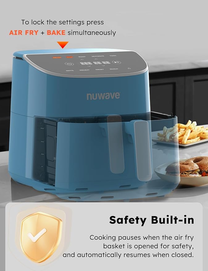 Nuwave Brio Plus 8 Qt Air Fryer, PFAS Free, New & Improved, Digital Touch Screen, Cool White Display, 50°F~400°F in Precise 5°, 5 Cook Functions, 100 Presets & 50 Memory, 3 Wattages 700, 1500, 1800