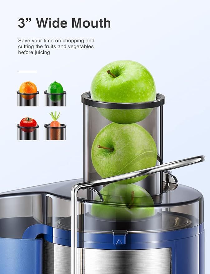Qcen Juicer Machine, 500W Centrifugal Juicer Extractor with Wide Mouth 3” Feed Chute for Fruit Vegetable, Easy to Clean, Stainless Steel, BPA-free(Blue)