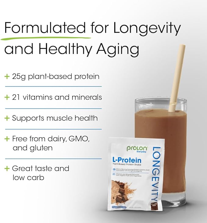 Prolon Longevity Plant Based Protein Powder | Muscle Synthesis & Repair, Healthy Aging, Boost Performance | Vitamins, Gluten Free, Amino Acids, Antioxidants | 25g of Protein | Chocolate, 24 Packets