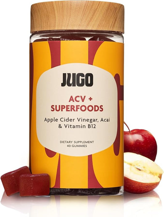 JUGO Apple Cider Vinegar + SUPERFOODS | ACV Gummies with Vitamin B12 & Acai | 40 Count Digestive Support Gummies | Plant-Based, Gelatin- Free, Non-GMO, Made in USA