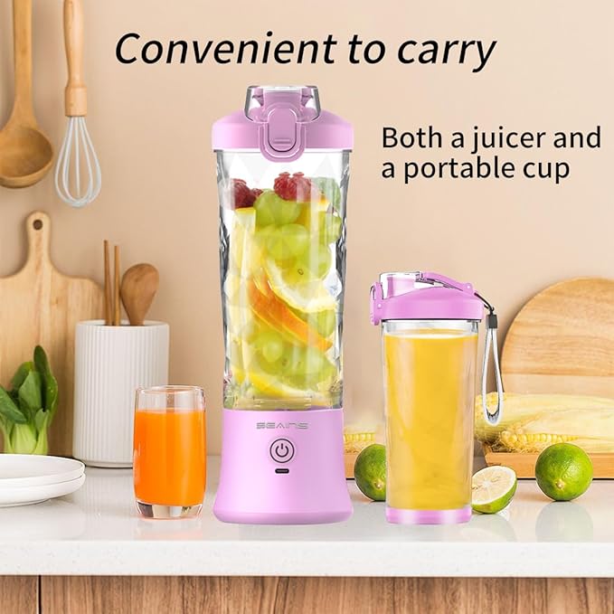 Portable Blender, Personal Blender for Shakes and Smoothies with 20 Oz Travel Cup and Lid, Mini Personal Size Blender with 6 Blades and USB Rechargeable for Gym, Kitchen and Outdoors (Purple)