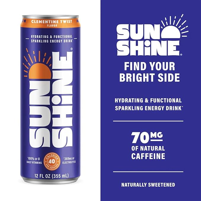 Sunshine Sparkling Energy Drink, Clementine Twist with Daily Essential Vitamins, 360mg of Electrolytes, 70mg of Natural Caffeine, 12 Fl Oz (Pack of 24)