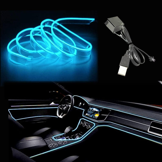 El Wire Ice Blue Interior Car LED Strip Lights, 2M Neon Wire USB 5V with Fuse Protection for Automotive Interior Decoration, with 6mm Sewing Edge