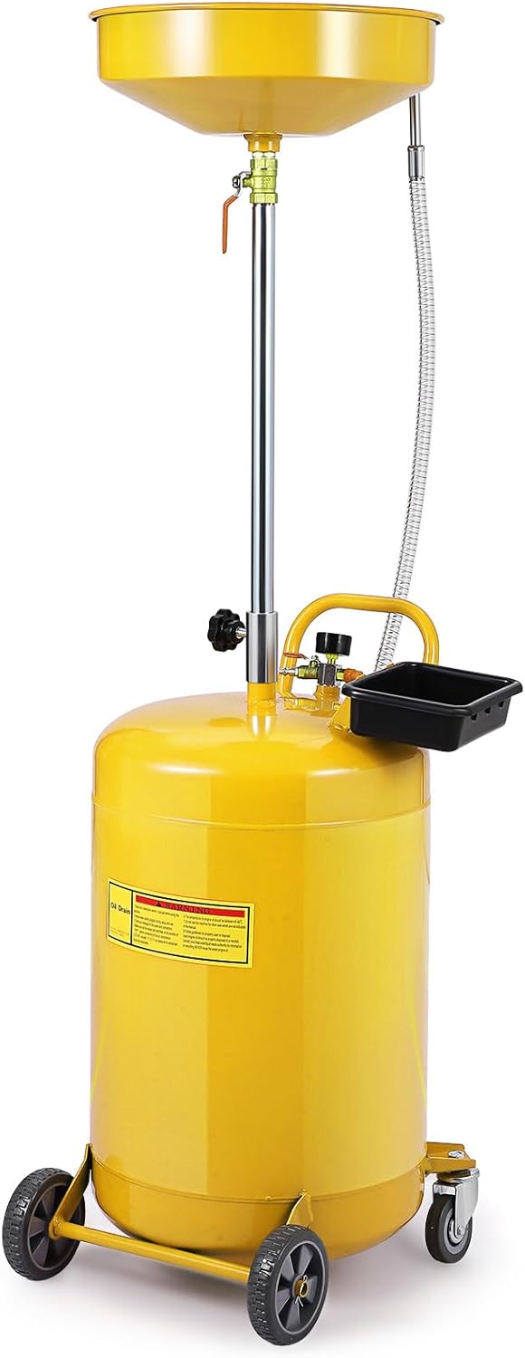 20 Gallon Waste Oil Drain Tank Portable Air Operated Oil Drainer with Adjustable Funnel Height 38-65 Inches 15 Inch Funnel Fluid Fuel Transfer Drain Container with 360 Degree Wheels and Toolbox Yellow