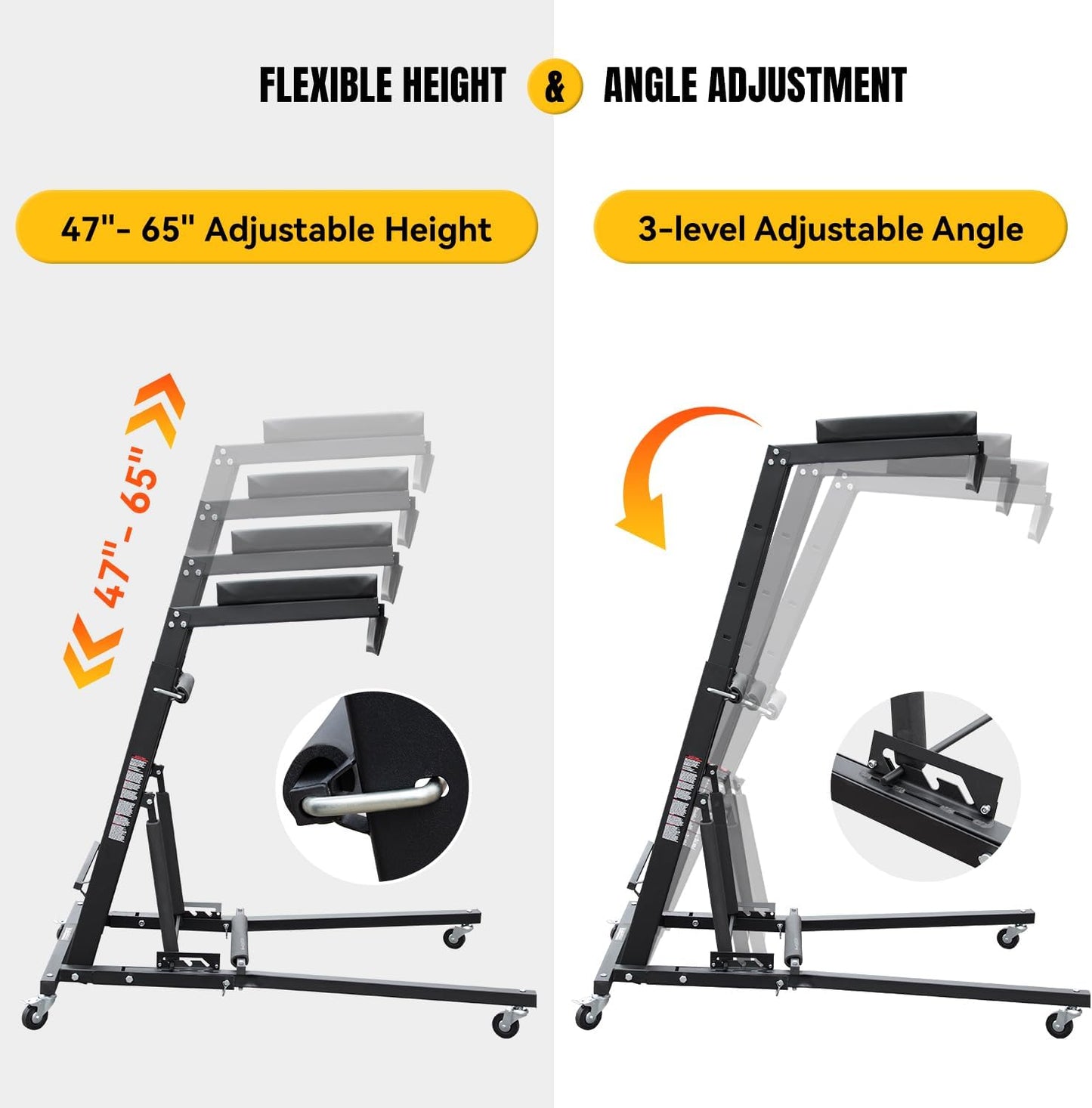 Adjustable Topside Creeper Automotive Engine Creeper 47''-65'', 440 LBS Capacity, 4 Swivel Caster Wheels (2 with Brakes), Padded Deck for Home Garage, Workshop Repair Maintenance