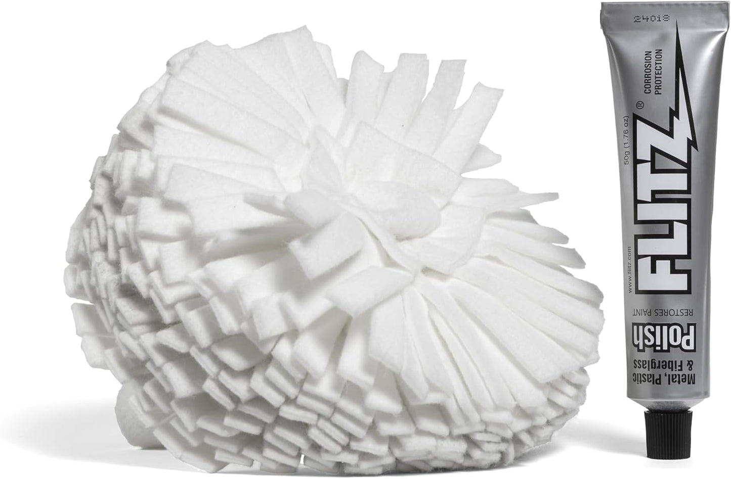 Flitz Buff Ball w/ 1.76oz Metal Polish Paste - 7in Drill Buffer Polisher Attachment for Any 3/8in Drill - Self-Cooling, Washable Polishing Ball to Buff, Shine, & Protect All Metals, Plastics (1 Pack)