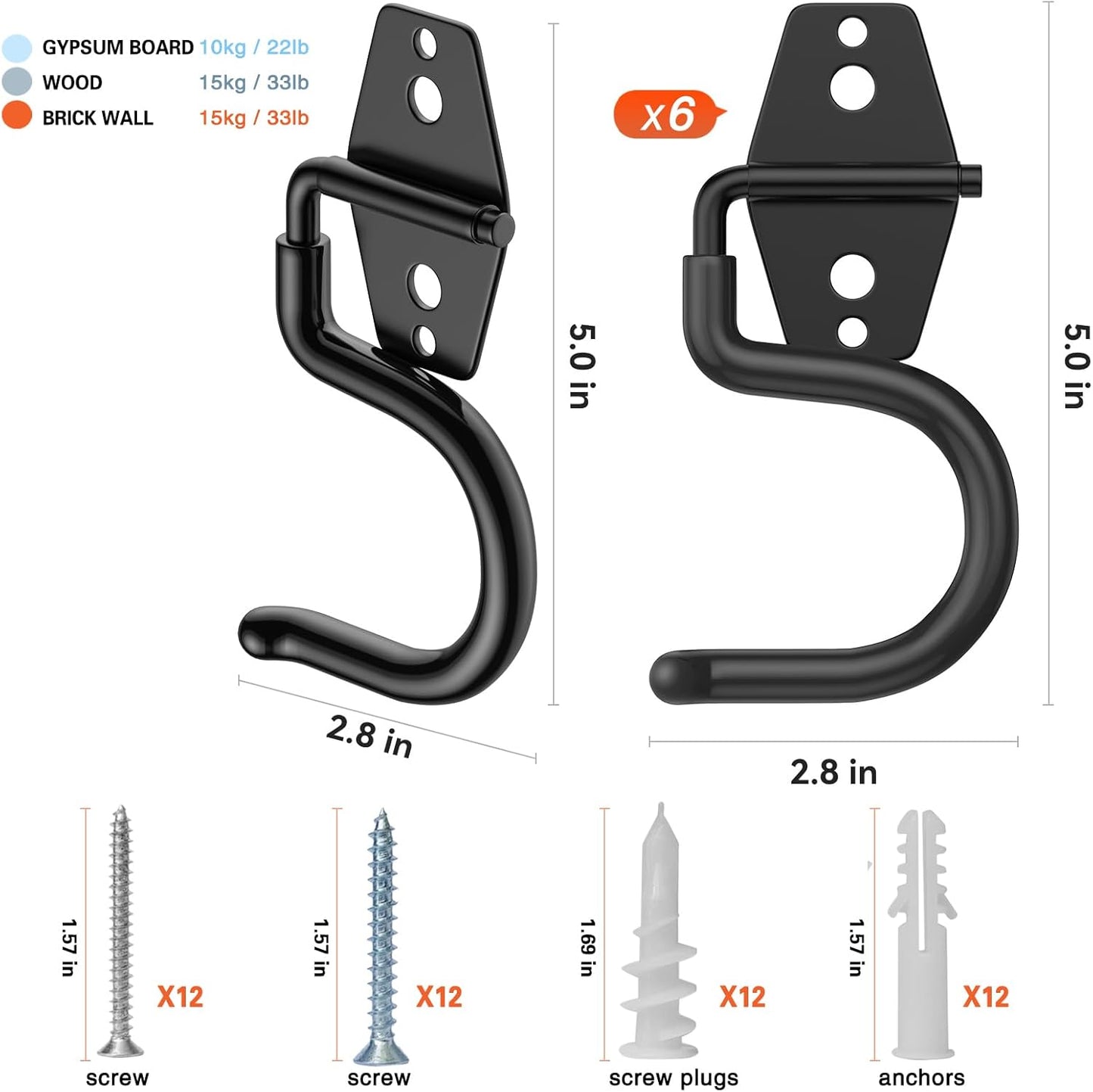 6 Pack Metal Garage Hooks, Heavy Duty S Hooks Tool Hangers for Garage Wall, Shed, Garden Storage Organizer