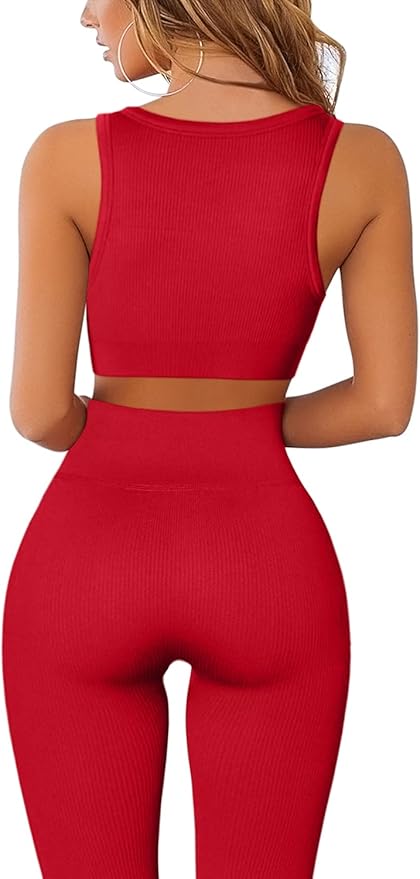 QINSEN Workout Outfits for Women 2 Piece Ribbed Seamless Crop Tank High Waist Yoga Leggings Sets