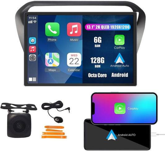 Kunfine Car CarPlay Android Auto Navigation Stereo GPS Radio Camera Display 13.1" QLED Touchscreen Headunit Tablet Media Player for Peugeot 301 2013-2022, if Applicable Octa Core 6G+128G Matte Black