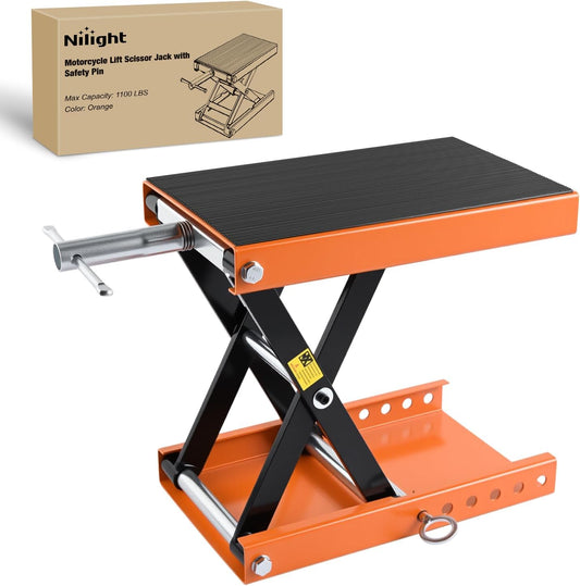 Nilight Motorcycle Lift Jack 1100 LBS Scissor Jacks Stand Lift with Wide Deck Safety Pin Handle 3.4"-14.2" Height Adjustable Hoist Stand Garage Repair Lifter for Motorcycles ATV Dirt Bike, Orange