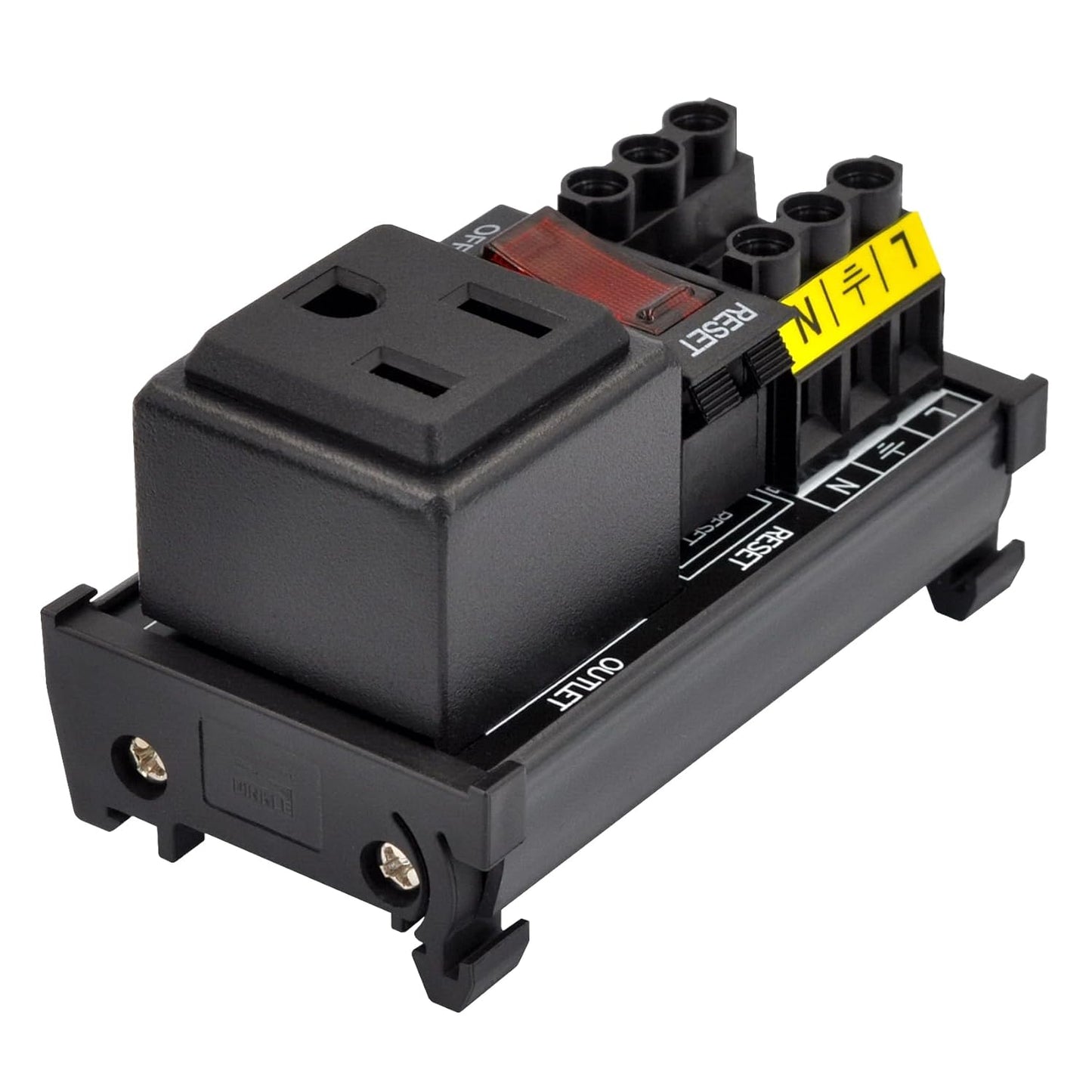 DIN Rail Mount AC 120V NEMA 5-15R Single Receptacle Outlet Power Strip Module, with Rocker Switch Thermal Circuit Breaker Overload Protector