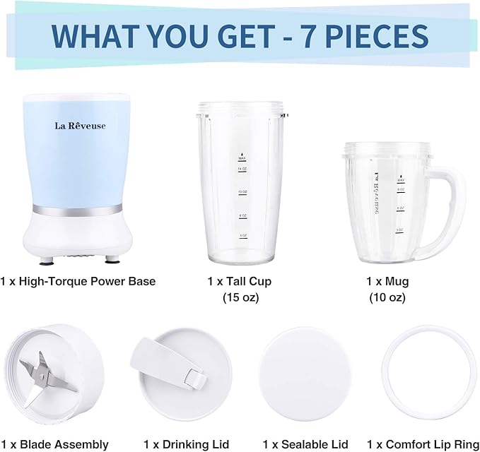 La Reveuse Personal Size Blender 250 Watts Power for Shakes Smoothies Seasonings Sauces with 1 Piece 15 oz Cup,1 Piece 10 oz Mug,BPA-Free (Sky Blue)