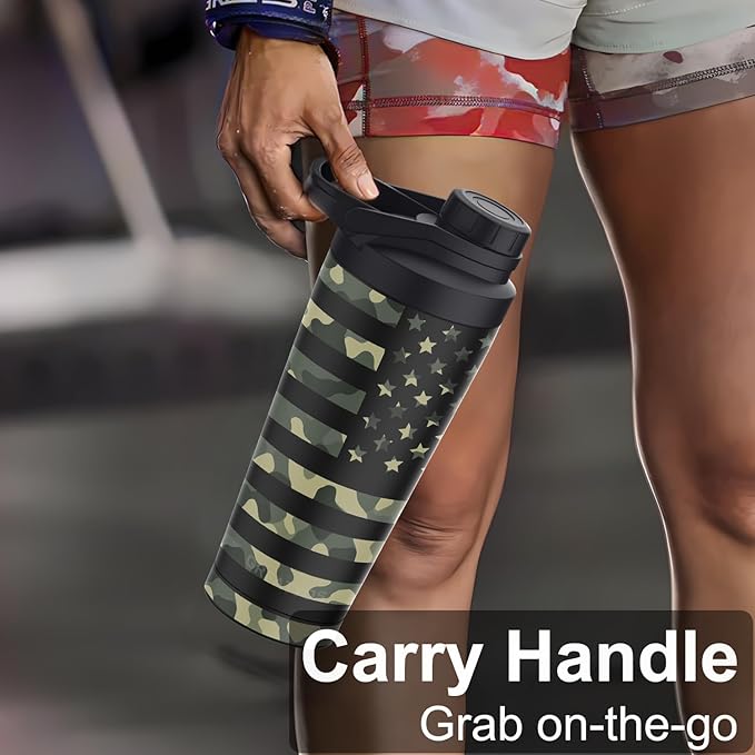 Stainless Steel Shaker Bottle with Noise-Free Design - Patented 24 oz Insulated Metal Shakers Bottles Cup for Protein Mixes and Pre Workout 100% Leak Proof (Camouflage Flag)