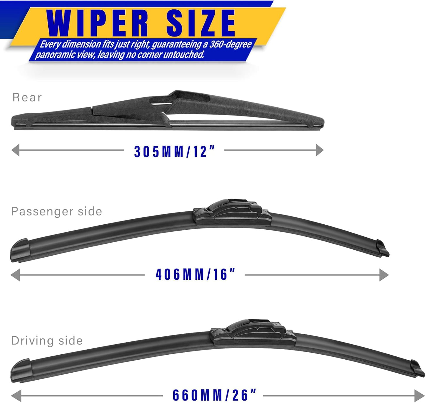 3 wipers Replacement for 2018-2023 Nissan Kicks, Windshield Wiper Blades Original Equipment Replacement - 26"/16"/12" (Set of 3) U/J HOOK