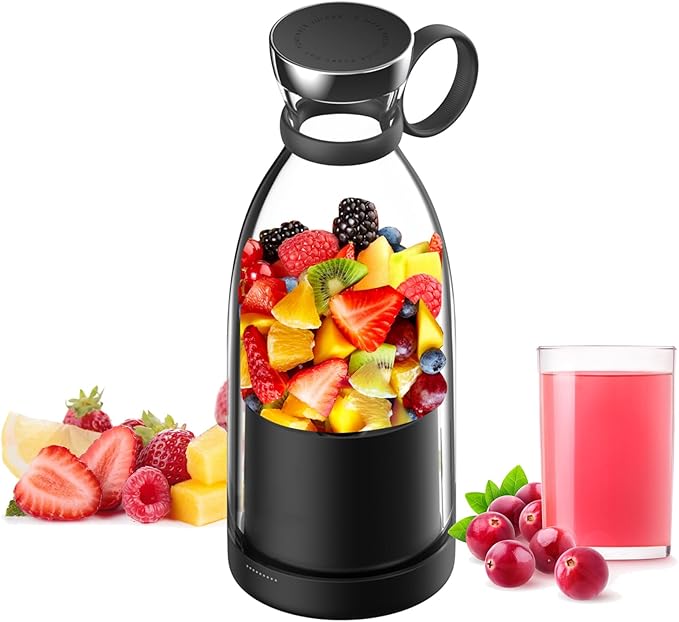 Mini Blender for Smoothies and Milkshakes, Portable Blender, Rechargeable, Personal Size Blender with Quota Outer Travel Lid with 4 Blades, 11 oz for Outdoors, Camping (Black)