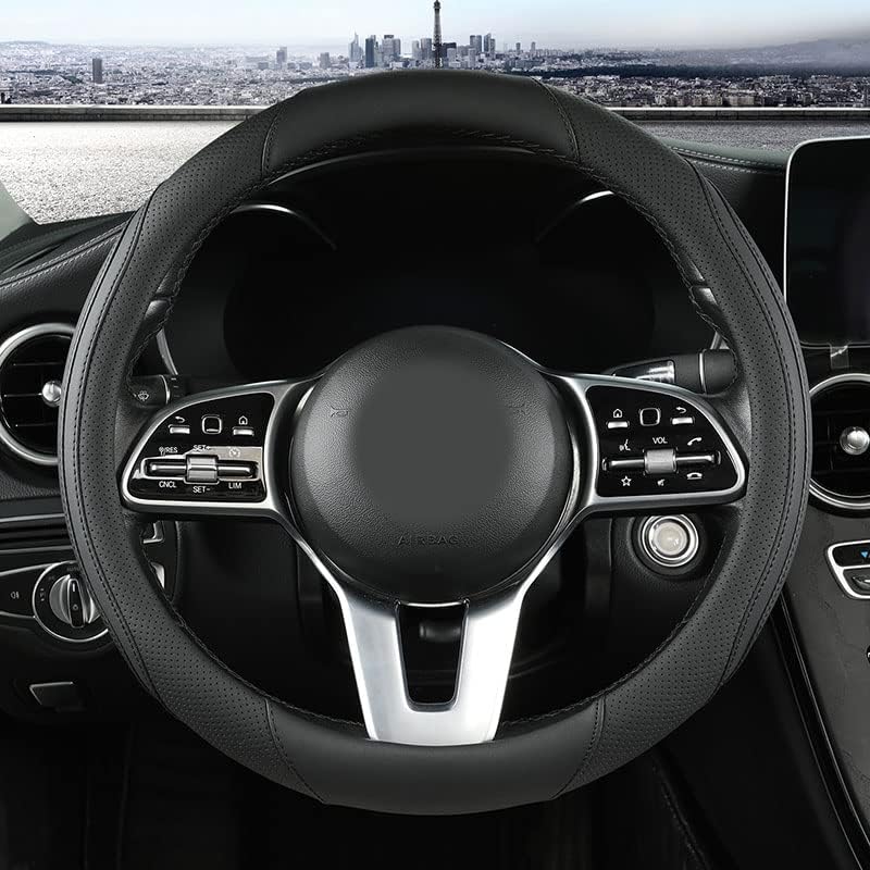 Car Steering Wheel Cover, Leather Steering Wheel Cover Black Universal 14.5-15 Inch Microfiber Leather Anti-Slip Breathable Auto Steering Wheel Covers Accessories for Men Women