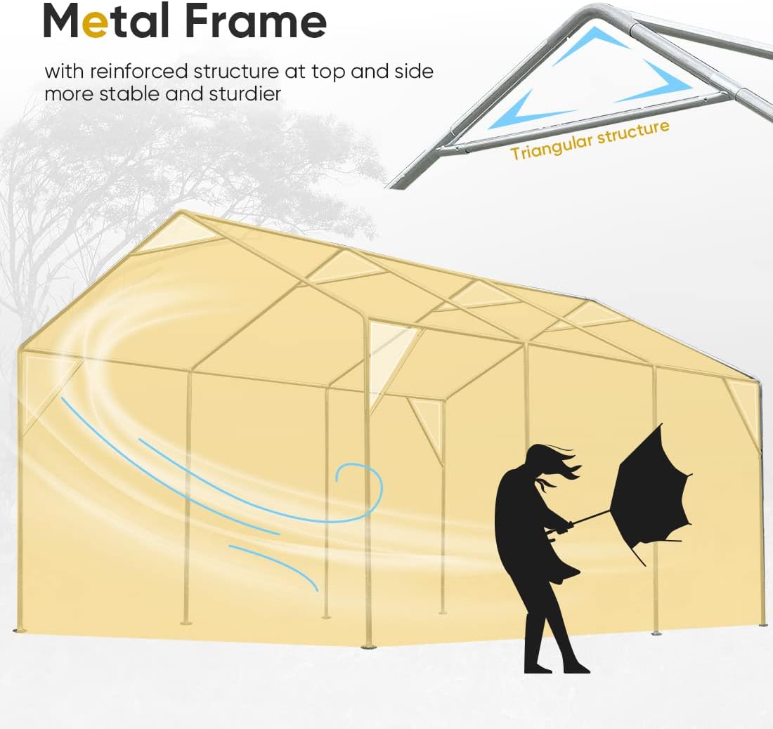 ADVANCE OUTDOOR 12x20 ft Car Canopy Garage Heavy Duty Carport Boat Shelter Party Tent, Adjustable Peak Height from 9.5ft to 11ft, with Removable Window Sidewalls and Doors, Beige