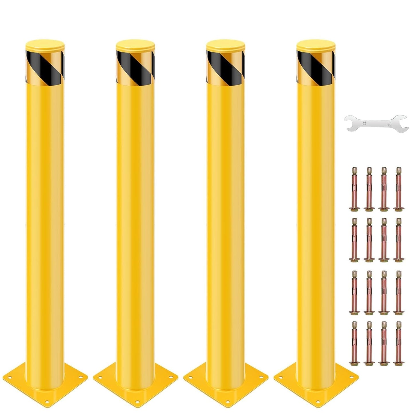 4 Pack Safety Bollard Post, 30 Inch Height 4.5 Inch Diameter Yellow Pipe Safety Steel Bollards with Anchor Bolts and Wrench, Steel Bollards for Road Warning Construction Public Place Traffic Control