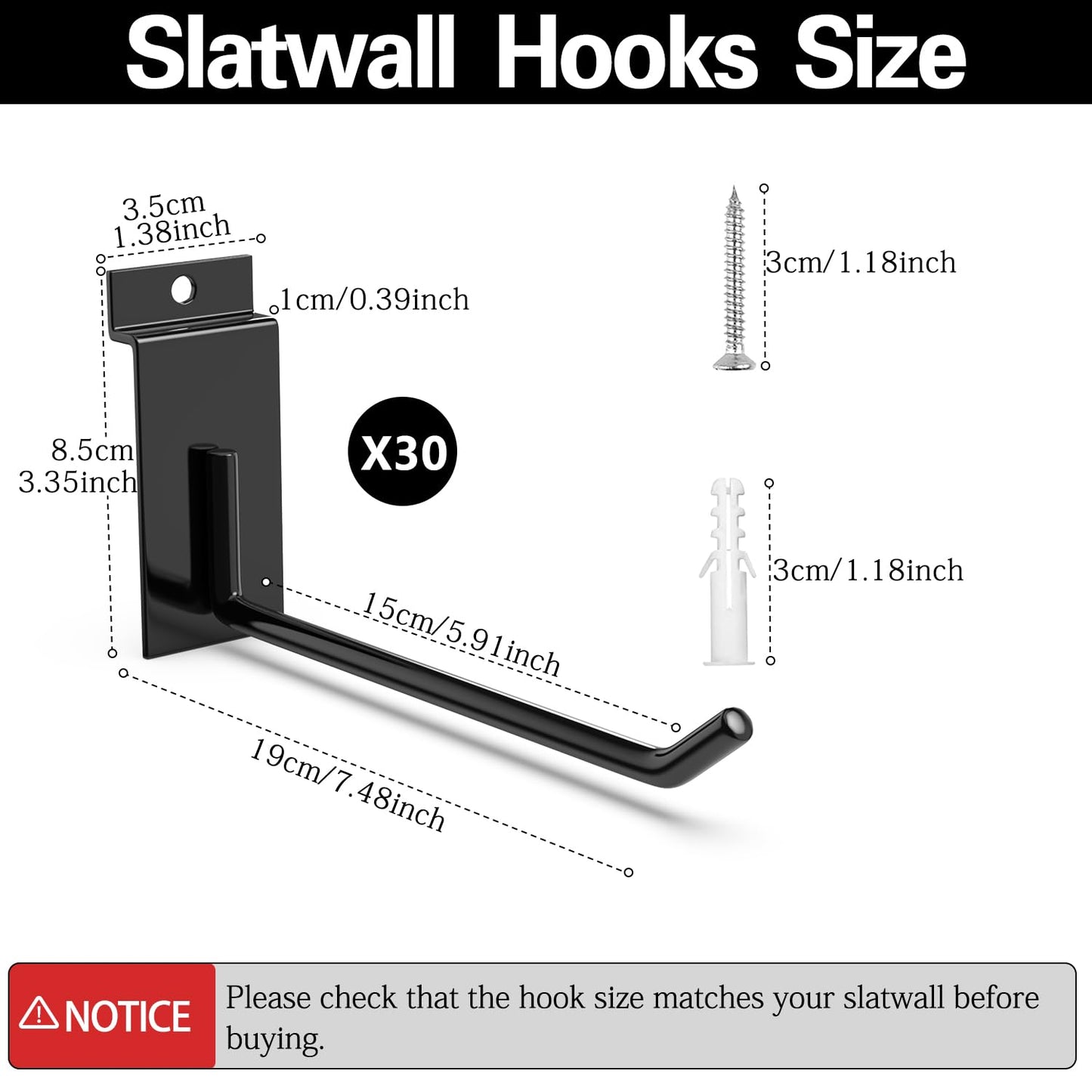 3-H Slatwall Accessories 30 Pack, 6 Inch Slatwall Hooks & Hangers, Heavy Duty Slat Wall Hanging Hooks, Proslat Accessories for Shop Retail Display