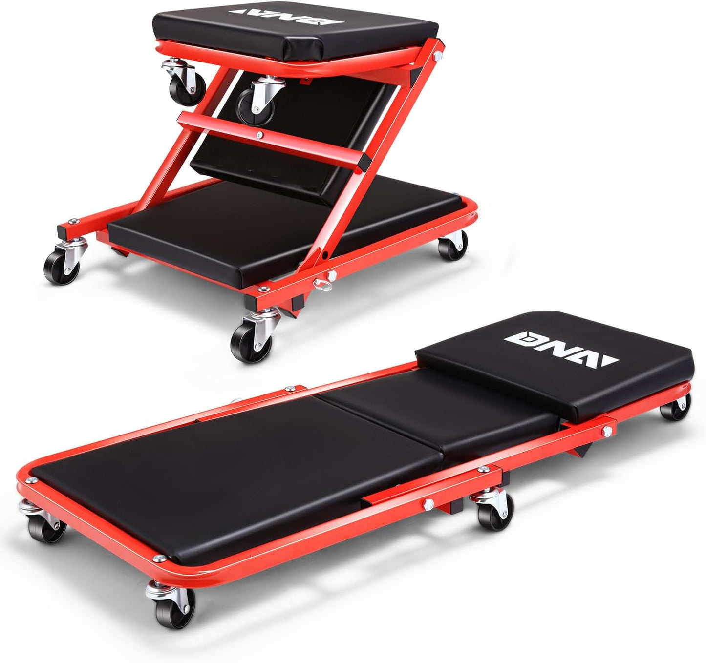 ‎DNA MOTORING TOOLS-00184 36 Inches 2 IN 1 Rolling Folding Car Creeper/Seat, 6 Pcs 2" Casters, 150kg Weight Capacity, Red