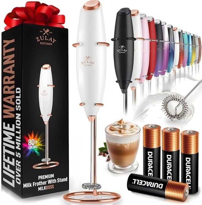 Zulay Powerful Milk Frother (4 Duracell Batteries Included) - Handheld Milk Frother Wand Drink Mixer for Coffee - Powerful Milk Foamer for Cappuccino, Matcha - Exec White & Rose Gold