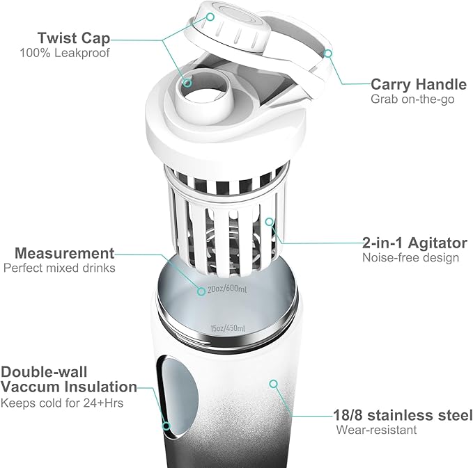 Stainless Steel Shaker Bottle with Noise-Free Design - Patented 24 oz Insulated Metal Shakers Bottles Cup for Protein Mixes and Pre Workout 100% Leak Proof (Day Night)