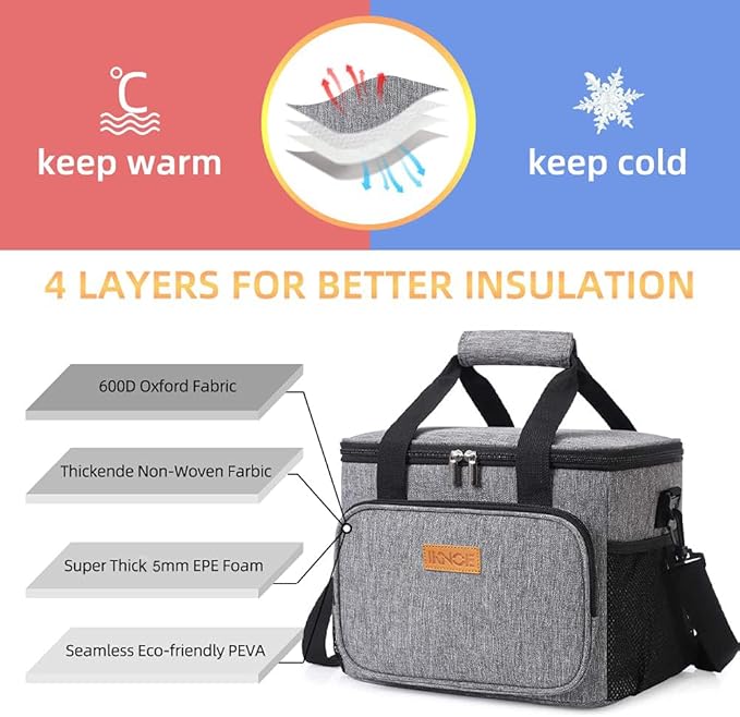 iknoe Thickened Lunch Bag - Soft Coolers Insulated, Leak Proof Tote with Zippered Top - Great for Work, Picnic, Beach - 18-Can Capacity, Grey