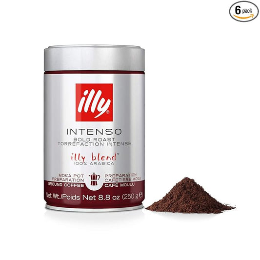 illy Ground Coffee Moka - 100% Arabica Flavored Coffee Ground - Rich Aromatic Coffee Grounds Profile – Intenso Dark Roast – Warm Notes of Cocoa & Dried Fruit - No Preservatives – 8.8 Ounce, 6 Pack