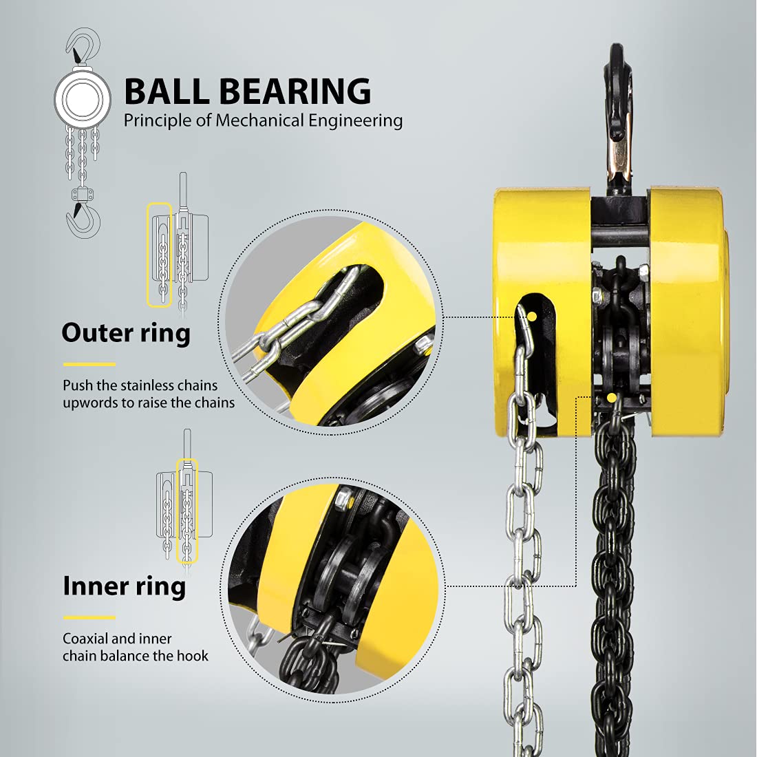SPECSTAR Hand Chain Hoist 1 Ton 2200 Lbs Capacity 10 Feet with 2 Heavy Duty Hooks, Manual Chain Fall for Warehouse Building Automotive Machinery Yellow