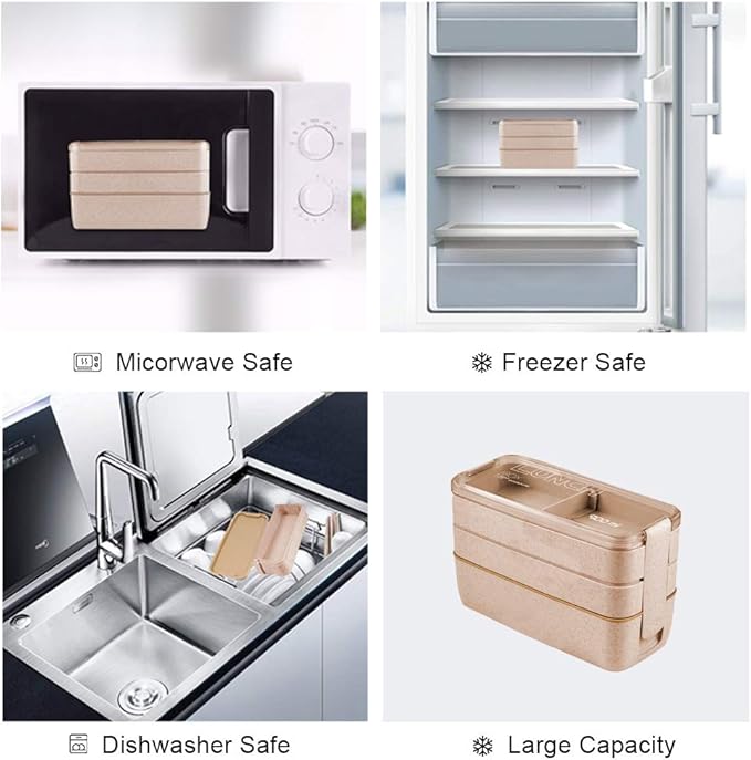 Iteryn Bento Adults Lunch Box, Stackable Bento Box, 3-In-1 Compartment - Wheat Straw, Leakproof Bento Lunch Box Meal Prep Containers