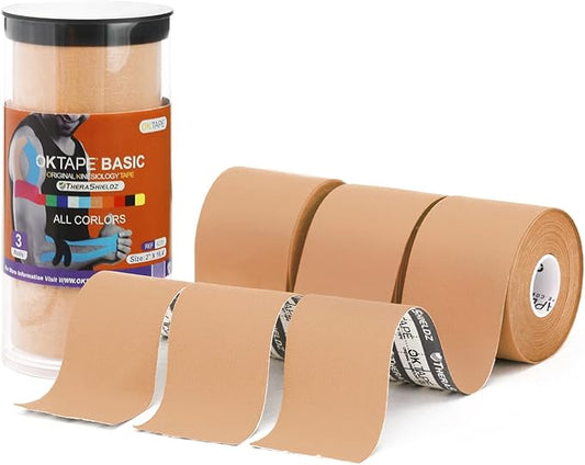 OK TAPE Regular Kinesiology Tape (3 Pack), Original Cotton Athletic Tape for Support Muscle Joint Knee, Sports Waterproof Tape Uncut Strips Latex Free, Hypoallergenic, 2in×16.4ft - Beige