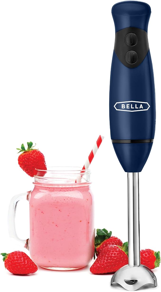 BELLA Immersion Blender, Portable Mixer and Emulsifier with Whisk Attachment, 2 Speed, Electric Handheld Juicer, Shakes, Baby Food and Smoothie Maker, Stainless Steel, BPA Free, 250 Watt, Blue