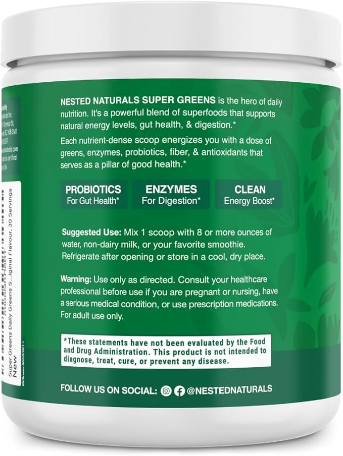 Nested Naturals Super Greens Daily Superfood Powder - Certified USDA Organic Green Powder w/20+ Whole Foods, Spirulina Powder,Wheat & Barley Grass - Probiotics, Fiber & Enzymes - Original Flavour, 30