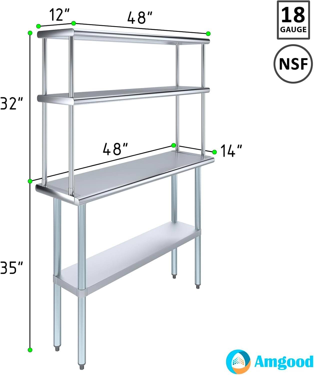 Amgood Stainless Steel Work Table Double Tier Overshelf | NSF 14" x 48" Work Table + 12" Overshelf