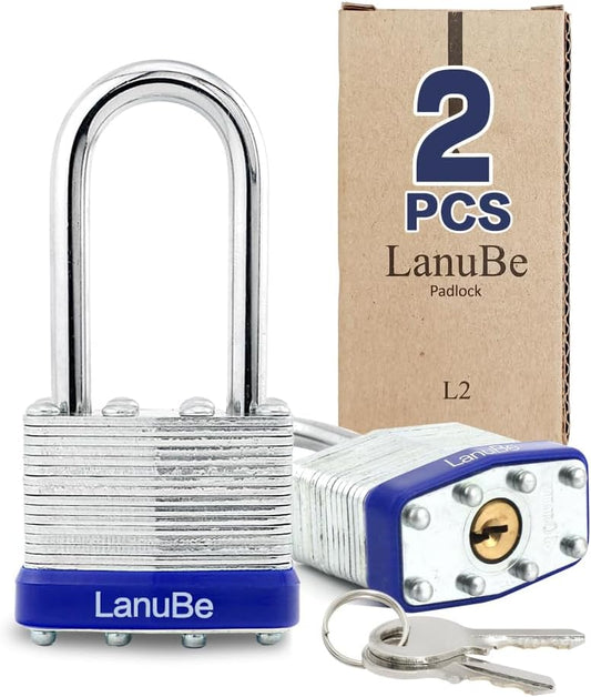 LanuBe Laminated Padlock 1-9/16inch (40mm) Long Shackle 2 Pack Keyed Alike, Blue Plastic Hoop, Bulk Locks for Warehouse, School