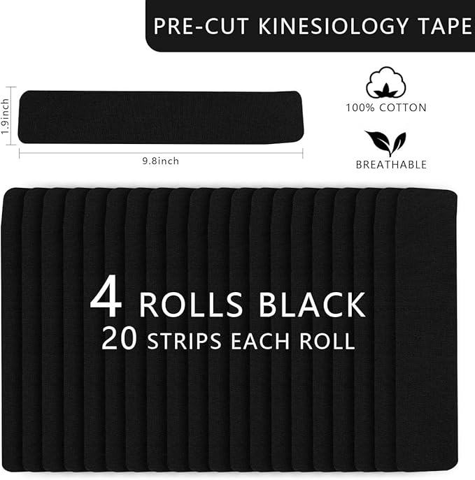 OBTANIM Waterproof Kinesiology Tape 4 Rolls Precut Strips Elastic Athletic Tape Muscle Pain Relief Sports Tape for Knee Fitness Running Tennis Swimming (Black)