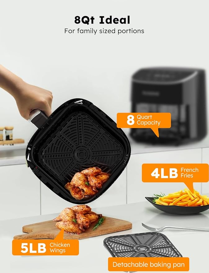 Nuwave Brio Plus 8 Qt Air Fryer, PFAS Free, New & Improved, Digital Touch Screen, Cool White Display, 50°F~400°F in Precise 5°, 5 Cook Functions, 100 Presets & 50 Memory, 3 Wattages 700, 1500, 1800