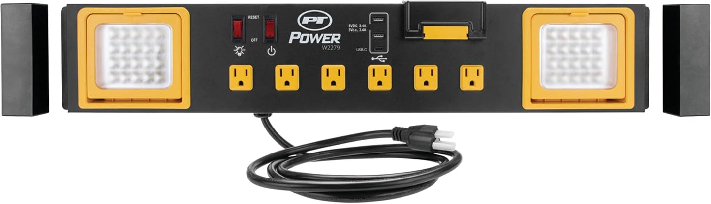 Performance Tool W2279 Commercial Grade Power Station with 6 Outlets, 2 USB Ports, Built-In Cradle, and LED Lights, Ideal for Workshops and Garages