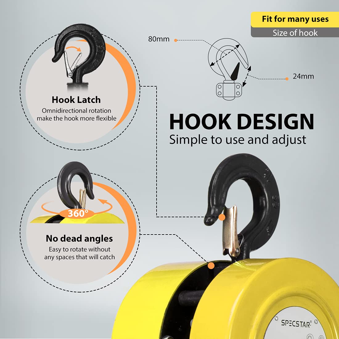 SPECSTAR Hand Chain Hoist 1 Ton 2200 Lbs Capacity 10 Feet with 2 Heavy Duty Hooks, Manual Chain Fall for Warehouse Building Automotive Machinery Yellow