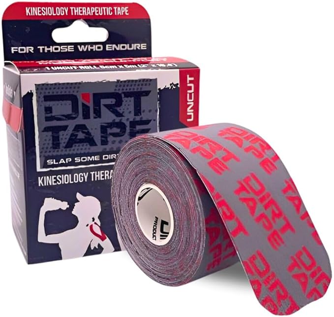 DIRT Tape-Athletic Kinesiology Tape-Muscle Pain Relief & Joint Support-Premium Elastic Cotton-Latex-Free-Water Resistant-Gym, Indoor & Outdoor Sports-Single Roll (16.4 ft)-Grey w/Logo