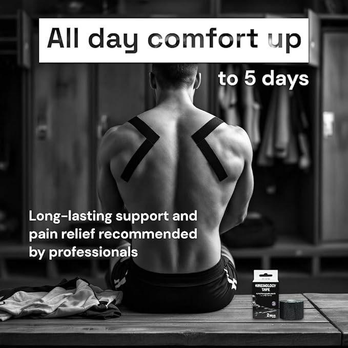 JLB Kinesiology Tape – 2 Rolls (16ft Each) – Strong Adhesion, Waterproof & Sweatproof – Latex-Free Sports Tape for Pain Relief, Muscle Support & Recovery – Physical Therapy & Athletic Tape (Black)