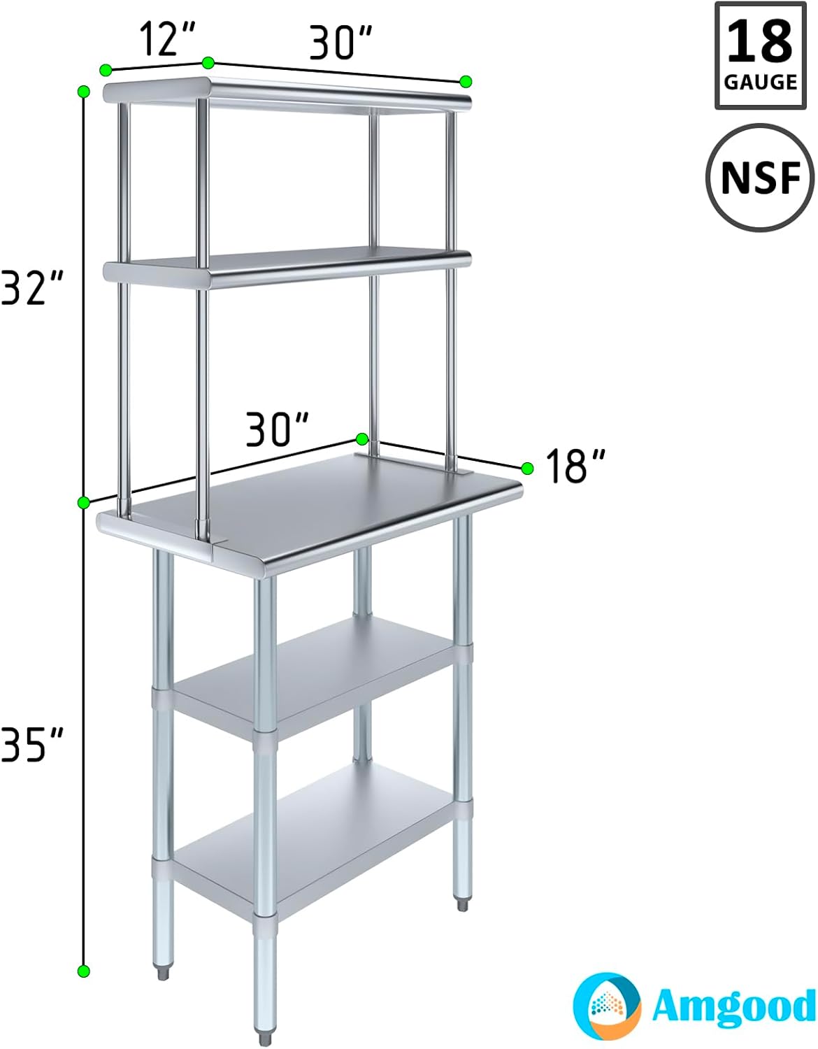 AmGood Stainless Steel Work Table with 2 Shelves | NSF (18" x 30" Table with 2 Shelves + 12" Overshelf)
